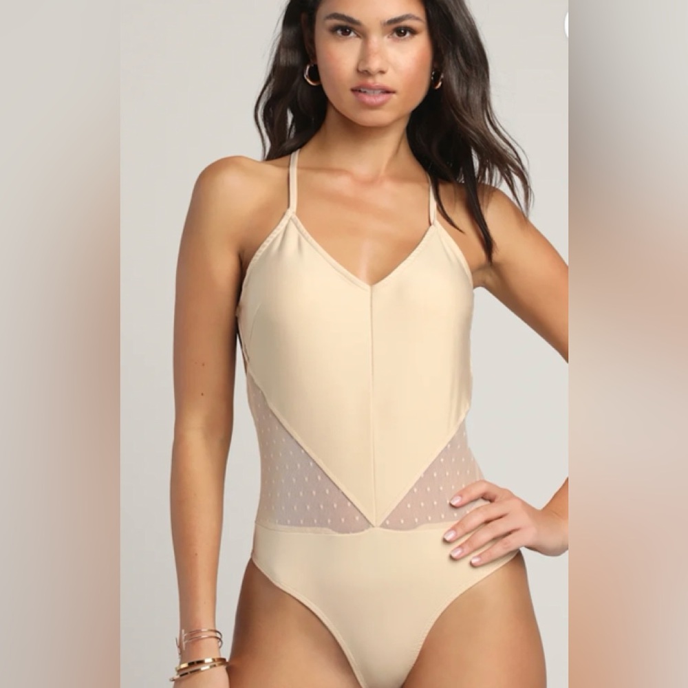 New A Bit of Magic Beige Swiss Dot Sleeveless Mesh Bodysuit XL